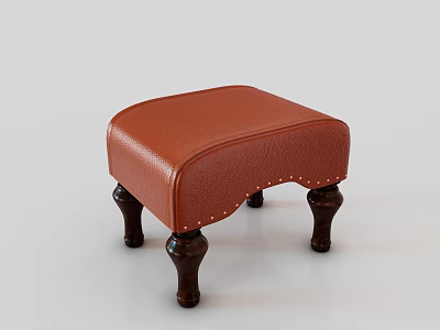 Brown Leather Stool With Tufted Surface And Curved Dark Wooden Legs 3d model