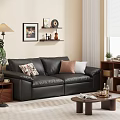 Modern Living Room Interior With Black Leather Sofa Throw Pillows Floor Lamp And Decorative Shelves