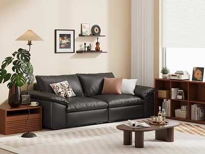 Modern Living Room Interior With Black Leather Sofa Throw Pillows Floor Lamp And Decorative Shelves 3d model