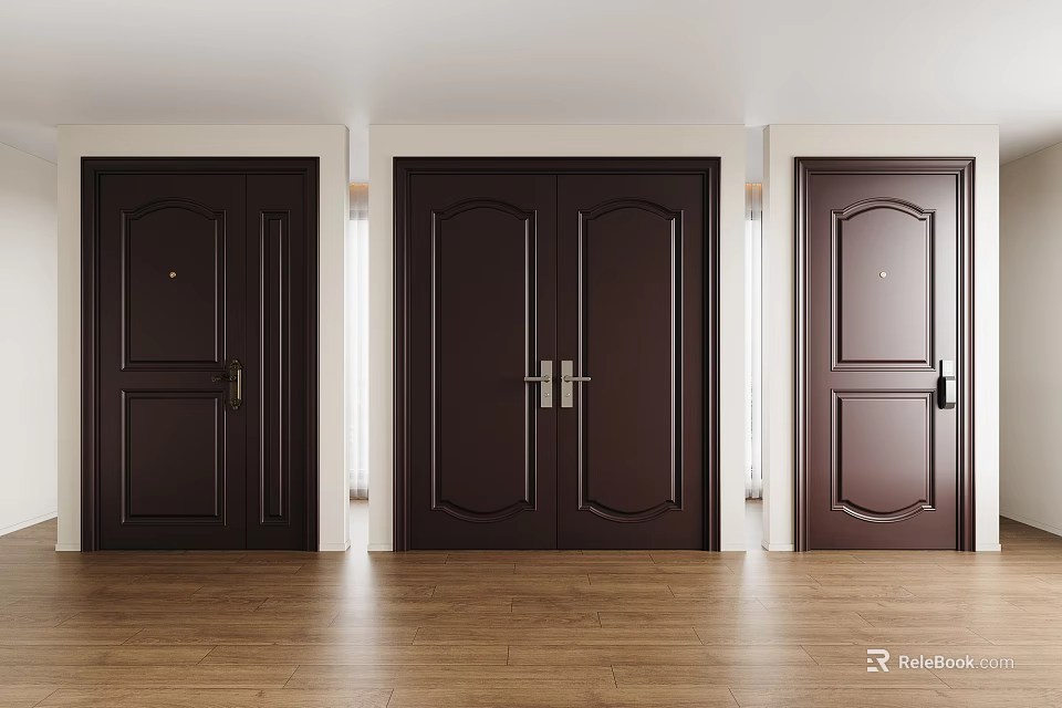 Dark Brown Security Doors With Paneled Design Double And Single Door Styles 3d model