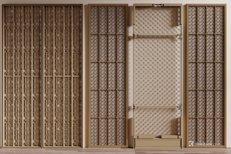 Different Wooden Partition Screens With Grille Mesh And Patterned Panel Designs 3d model 