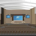 Large Conference Hall Interior With Rows Of Seats Main Screen And Side Displays