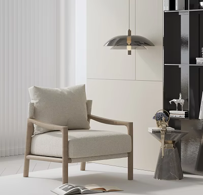 Light Fabric Accent Chair With Wooden Armrests And White Blinds Near Black Bookshelf 3d model