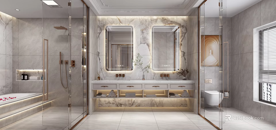 Elegant Modern Bathroom Interior Design With Double Backlit Mirrors Marble Walls And Glass Shower 3d model 