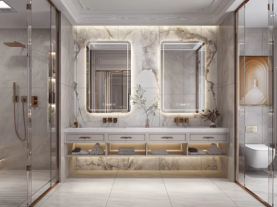 Elegant Modern Bathroom Interior Design With Double Backlit Mirrors Marble Walls And Glass Shower 3d model