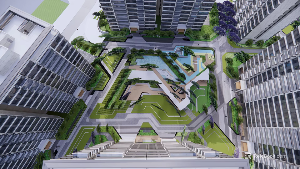 Modern Residential Landscape With High Rise Buildings Green Spaces And Community Pool 3d model 