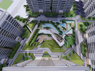 Modern Residential Landscape With High Rise Buildings Green Spaces And Community Pool 3d model