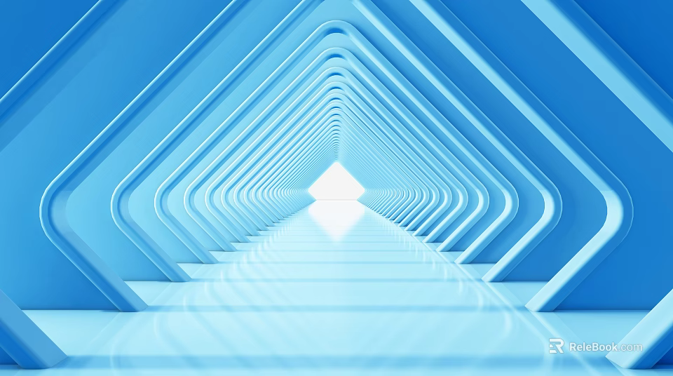 Blue Geometric Tunnel Like Structure With Light At End And Reflections 3d model 