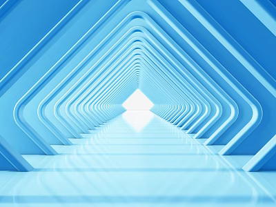 Blue Geometric Tunnel Like Structure With Light At End And Reflections 3d model