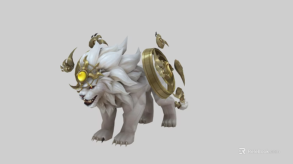Legendary Mythical Beast With White Fur Golden Headpiece Yellow Gem And Back Golden Disc 3d model 