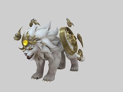 Legendary Mythical Beast With White Fur Golden Headpiece Yellow Gem And Back Golden Disc 3d model