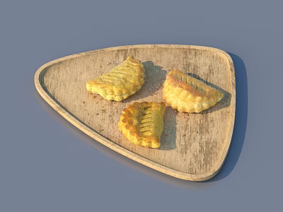 Golden Baked Pastries on Triangular Wooden Plate with Crispy Texture and Flaky Layers 3d model