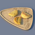Golden Baked Pastries on Triangular Wooden Plate with Crispy Texture and Flaky Layers