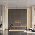 Modern Luxury Office Reception Lobby With Marble Counter Elegant Lights And Comfortable Waiting Area