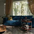 Living Room Interior Design With Blue Sofa Yellow Curtains Plants Wooden Coffee Tables And Trees
