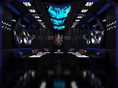 Modern Luxurious KTV Interior With Black Blue Lighting Seats And Screens 3d model