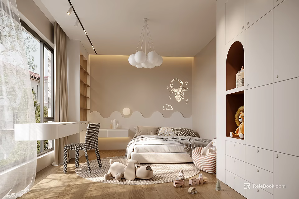 Modern Kids Room Interior With White Cabinets Arched Shelf Cloud Pendant Light And Stuffed Toys 3d model 