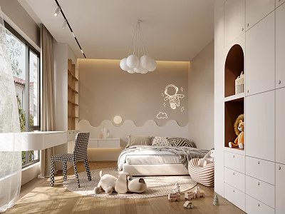 Modern Kids Room Interior With White Cabinets Arched Shelf Cloud Pendant Light And Stuffed Toys 3d model