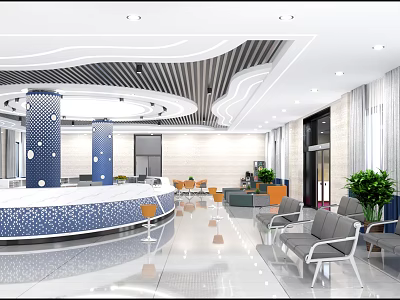 Modern Service Hall With Patterned Reception And Seating 3d model