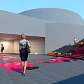 Modern Tobacco and Liquor Store Space with Staircase Pink Decorations and People Walking