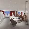 Bridal Shop Interior With Hanging Wedding Dresses Display Area Cozy Lounge Sofa And Chairs