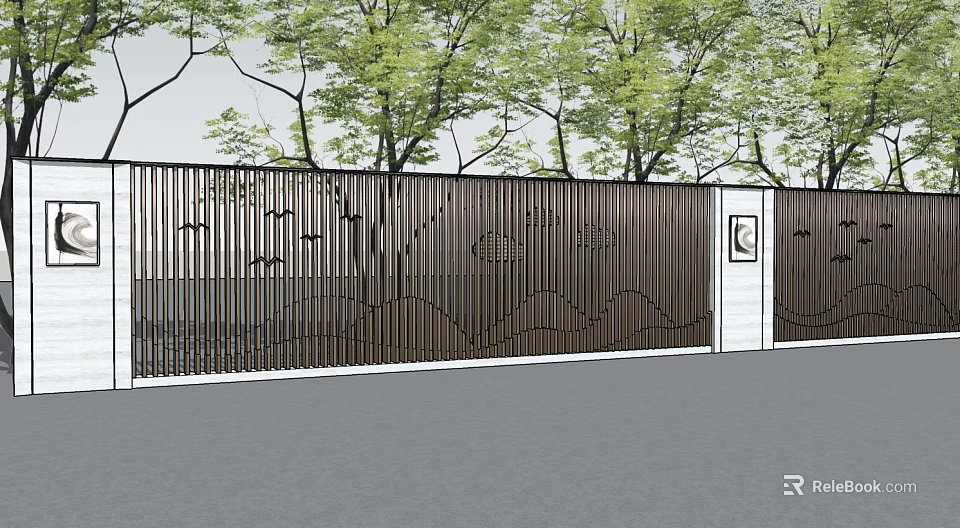 Garden Landscape With Decorative Metal Fence And Tree Background Scenic Design 3d model 