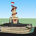 Scenic Monument Landscape Featuring Windmill Structure Stone Wall Grassland Water Stream Under Blue Sky Clouds