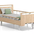Wooden Single Bed with Upholstered Headboard Side Rails White Pillows and Green Tassel Blanket