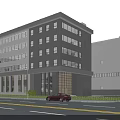 Modern Multi Story Office Building With Glass Windows And Street Scene Including Car And Pedestrians