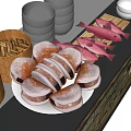 Asian Pastries with Powdered Sugar and Pink Fish Shaped Foods Near Bamboo Steamers Gray Bowls