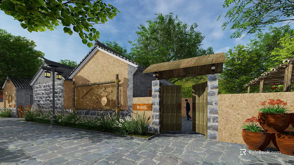 Traditional Chinese Courtyard Entrance Gate With Wooden Doors Stone Walls And Green Plants 3d model 