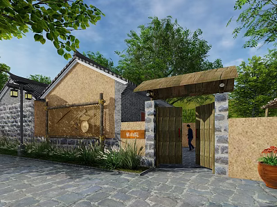 Traditional Chinese Courtyard Entrance Gate With Wooden Doors Stone Walls And Green Plants 3d model