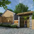 Traditional Chinese Courtyard Entrance Gate With Wooden Doors Stone Walls And Green Plants