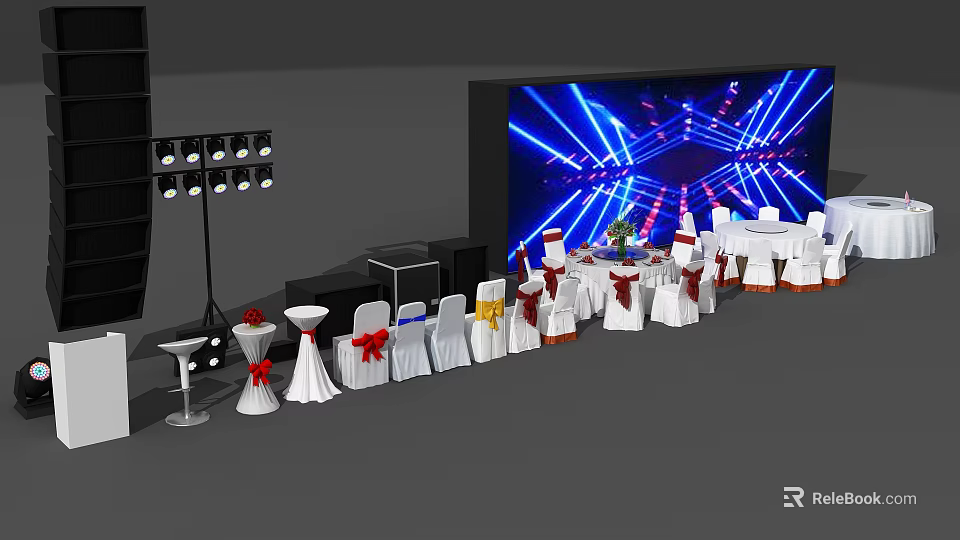 Elegant Banquet Table Setup With White Chair Covers Colored Bows Blue Lighting And Large Screen 3d model 