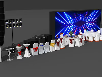 Elegant Banquet Table Setup With White Chair Covers Colored Bows Blue Lighting And Large Screen 3d model
