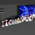 Elegant Banquet Table Setup With White Chair Covers Colored Bows Blue Lighting And Large Screen