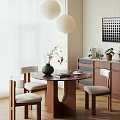 Minimalist Round Dining Table Set With Wooden Frame Beige Chairs Marble Top And Pendant Lights
