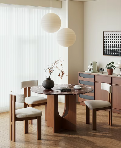 Minimalist Round Dining Table Set With Wooden Frame Beige Chairs Marble Top And Pendant Lights 3d model