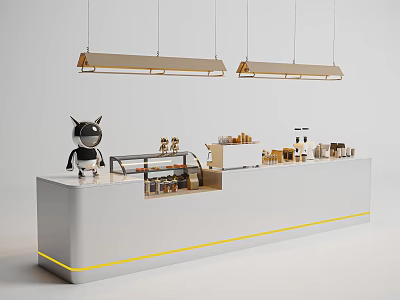 Modern White Bar Counter With Hanging Pendant Lights Yellow Stripe And Decorative Items 3d model
