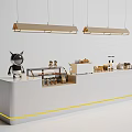 Modern White Bar Counter With Hanging Pendant Lights Yellow Stripe And Decorative Items
