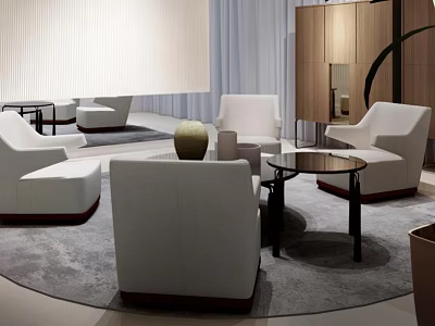 Modern White Sofa And Round Coffee Table Set With Gray Rug In Living Room 3d model