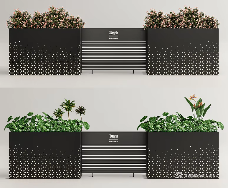 Modern Plant Combination In Black Dot Pattern Planters With Bench And Green Plants 3d model 