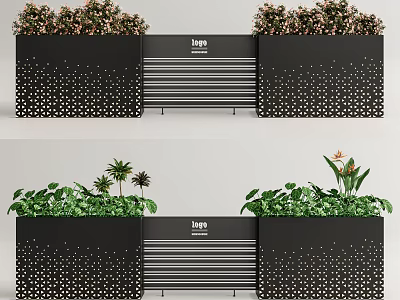 Modern Plant Combination In Black Dot Pattern Planters With Bench And Green Plants 3d model