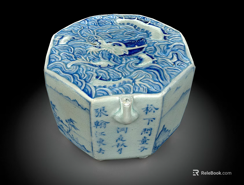 Octagonal Ceramic Vessel With Blue And White Dragon Wave Pattern And Traditional Chinese Calligraphy Inscriptions 3d model 