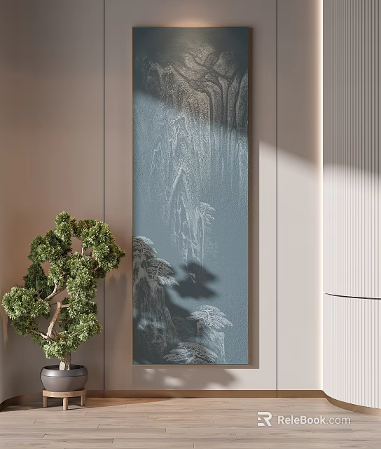 Vertical Mountain Landscape Painting With Small Potted Tree In Modern Interior 3d model 