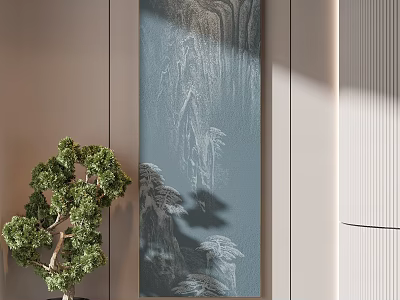 Vertical Mountain Landscape Painting With Small Potted Tree In Modern Interior 3d model