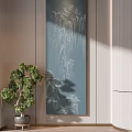 Vertical Mountain Landscape Painting With Small Potted Tree In Modern Interior