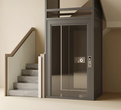 Modern Home Elevator With Glass Door Adjacent To Staircase In Residence 3d model