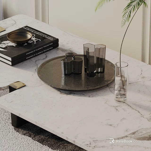 Sofa and Coffee Table Set with White Marble Top Black Tray Cups and Plant Branch 3d model 
