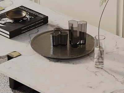 Sofa and Coffee Table Set with White Marble Top Black Tray Cups and Plant Branch 3d model